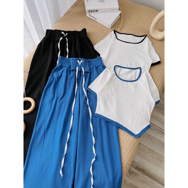 SET QUẦN SUÔNG MIX CROP PHỐI VIỀN 2M - Hàng Có Sẵn - Kèm Ảnh Thật