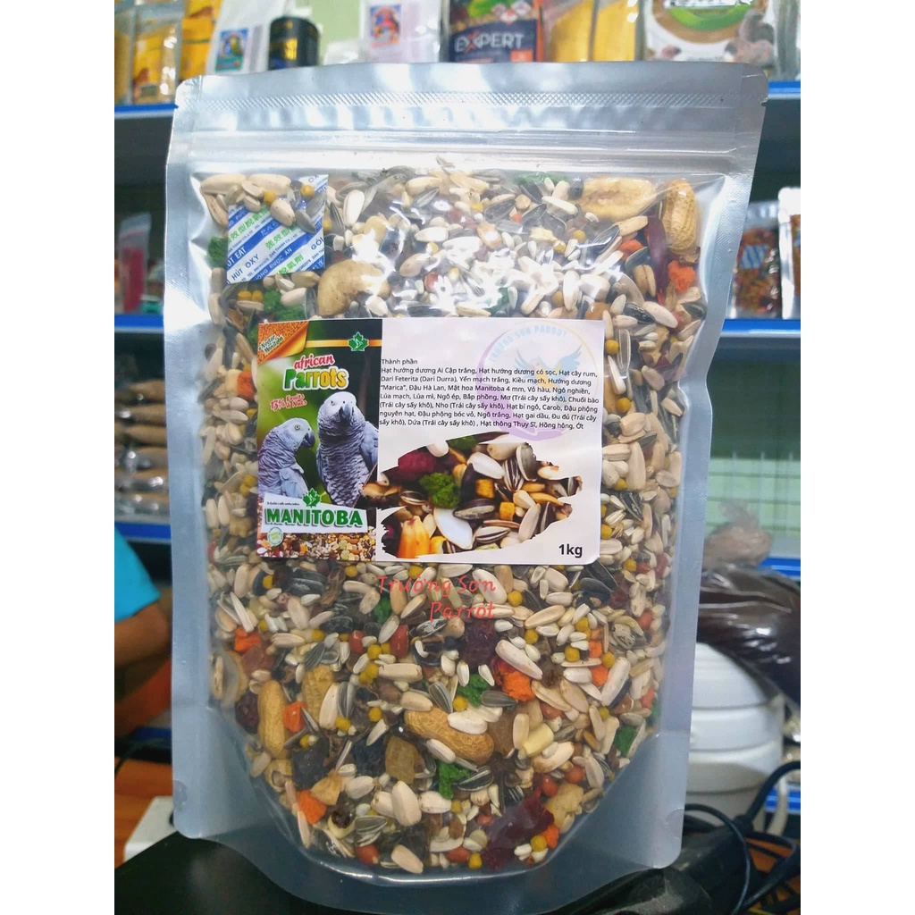 Hạt trộn hoàn chỉnh AFRICAN PARROTS gói nguyên 2KG của MANITOBA chuyên dùng cho tất cả dòng vẹt xám Châu Phi