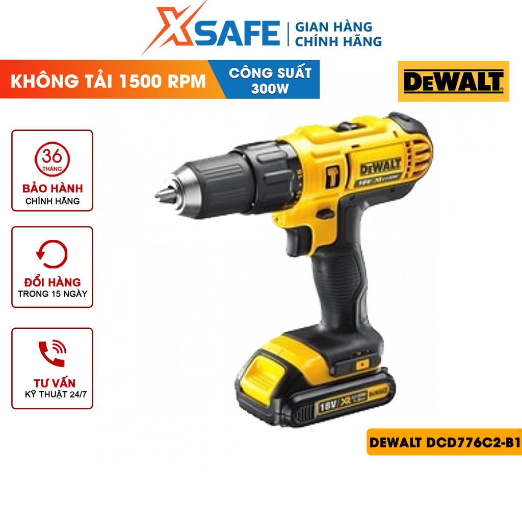 Máy khoan búa dùng pin DEWALT DCD776C2-B1 điện áp 18V, công suất 300W dung lượng pin 1.3Ah