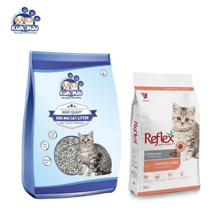 Combo cát kunmiu 8l phấn và thức ăn reflex kitten 2kg bao bì mới