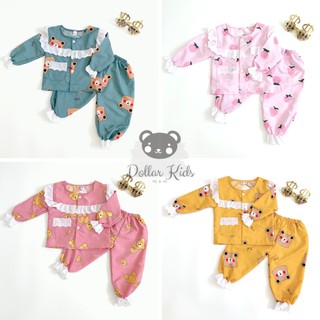 Bộ ngủ, Bộ pijama dài tay in họa tiết cho bé Gái phối bèo dễ thương 8-22kg