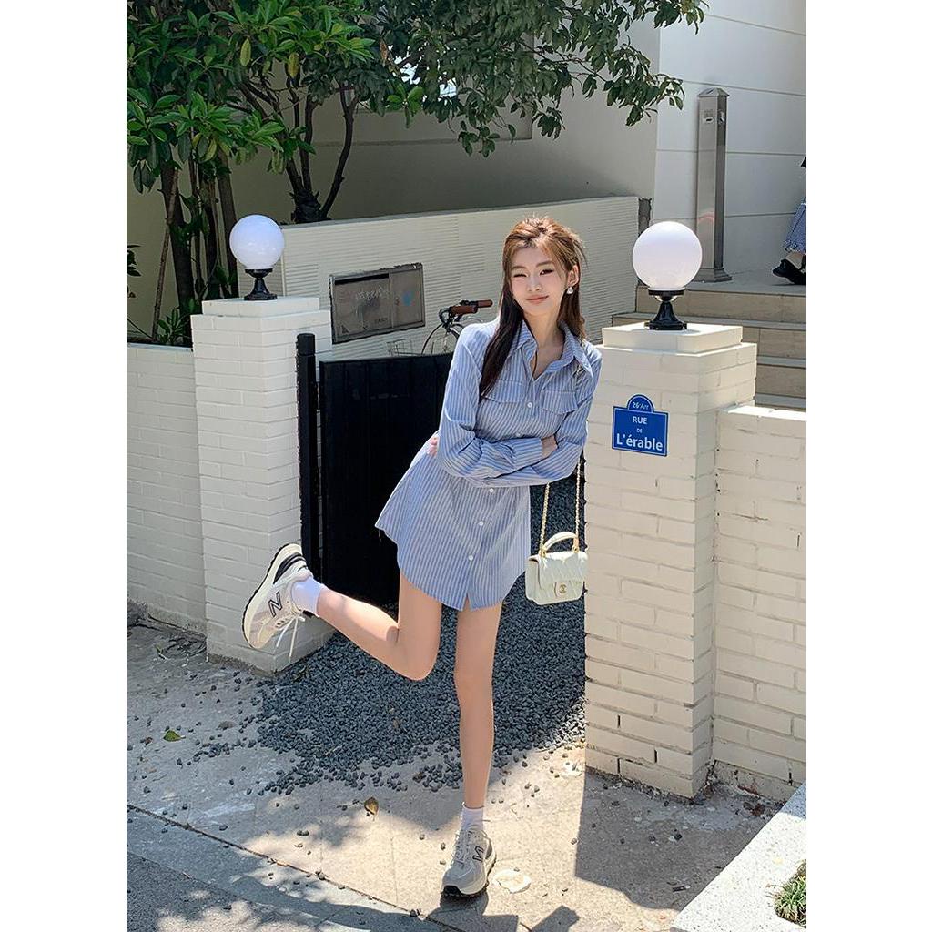 64127 Đầm Ngắn Hai Mảnh Họa Tiết Sọc Phong Cách Mới