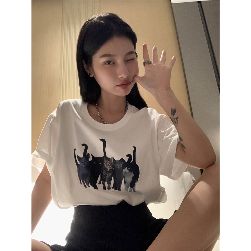 Áo thun Peppermint 50423 vải cotton cổ tròn dáng rộng ngắn tay in hình mèo dễ thương