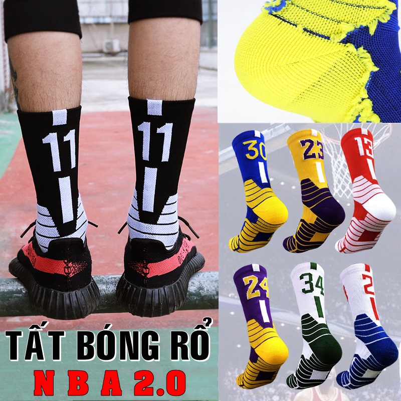 Tất Bóng Rổ NBA 2.0 Chuyên Nghiệp Cổ Lửng, Vớ NBA In Số Cầu Thủ Kobe, Curry, Lebron James, Kyrie, Giannis, Jordan, Rose