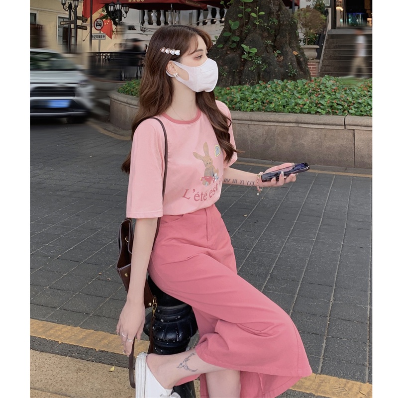 (ORDER) Set chân váy cạp cao dáng dài bút chì + áo thun đồng màu hồng style điệu đà