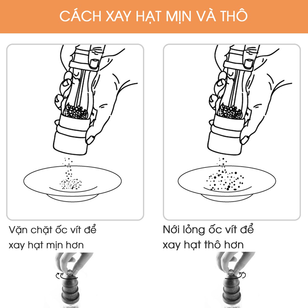 Máy xay tiêu cầm tay vỏ gỗ với thân trong suốt (GA09), lõi xay bằng gốm bền bỉ, dễ dàng điều chỉnh độ mịn