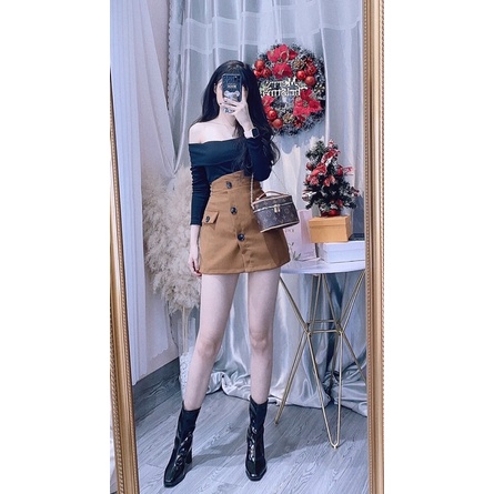 Set áo bẹt vai phối chân váy nút. alohashop91