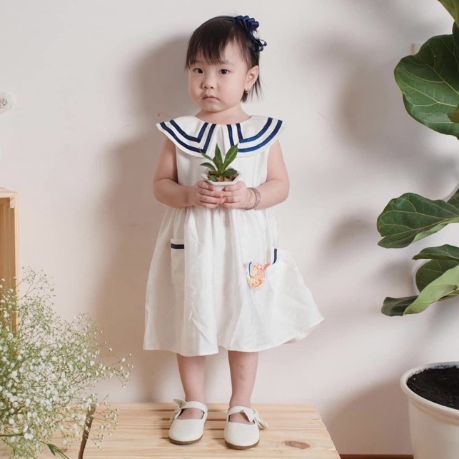 Đầm thiết kế Góc Mơ cổ thủy thủ cho bé gái, 100% cotton, màu trắng dễ thương xinh xắn