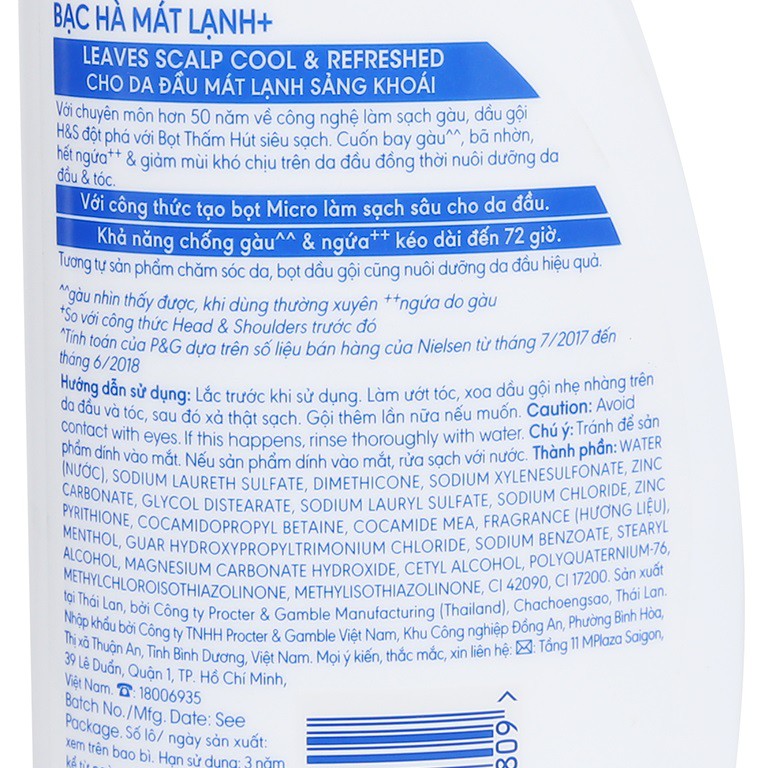 Dầu gội đầu sạch gàu Head &amp; Shoulders Bạc hà mát lạnh 350ml/625ml