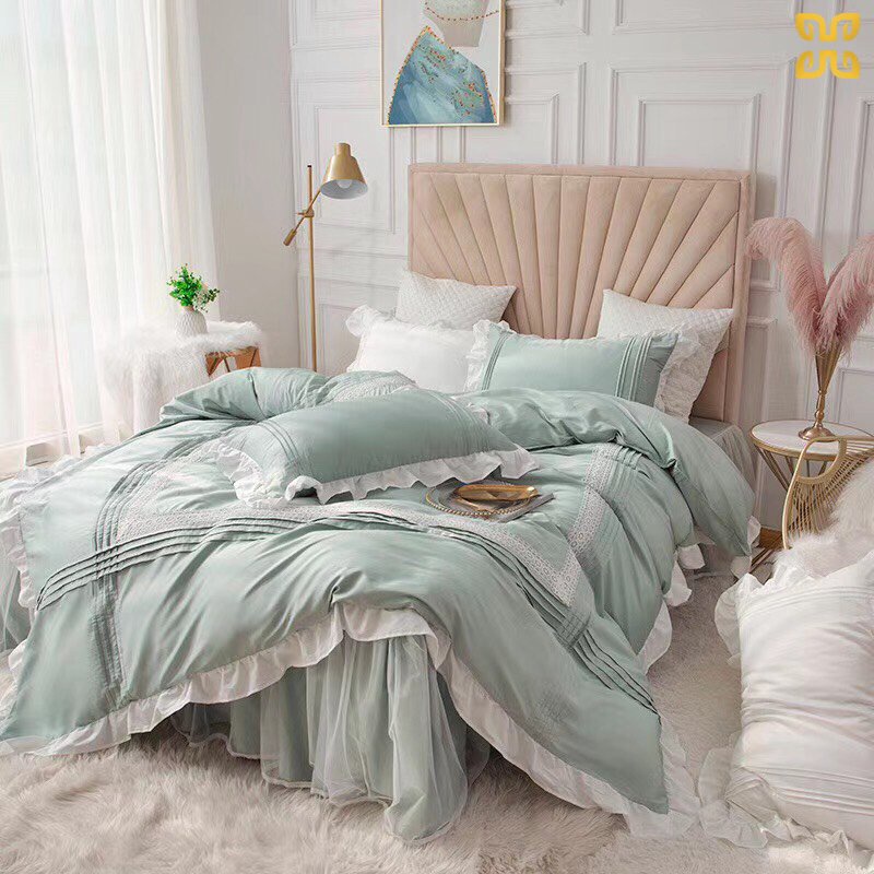 Bộ chăn ga gối cotton lụa bèo nhúm siêu xinh- Chăn ga gối bèo nơ chùm giường cao cấp hàng nhập khẩu