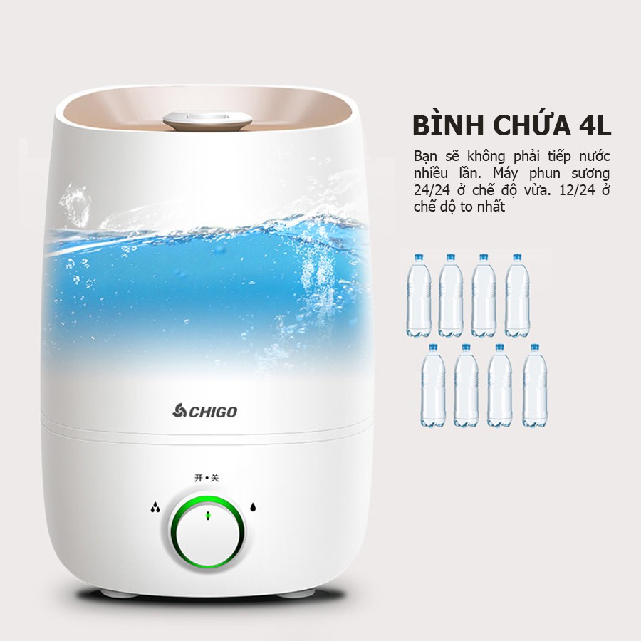 Máy phun sương CHIGO, máy xông phòng tạo ẩm không khí, dung tích 4000ml, phun sương liên tục 10h