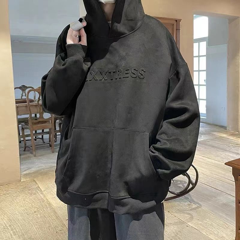 Áo Hoodie Da Lộn Lót Nhung Dày Dặn Dáng Rộng Phong Cách Retro Hong Kong Thời Trang Thu Đông Cho Nam