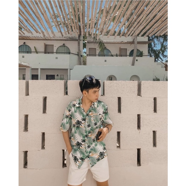 Áo Sơ Mi Tay Ngắn Hoạ Tiết Lá Dừa Cho Nam và Nữ
