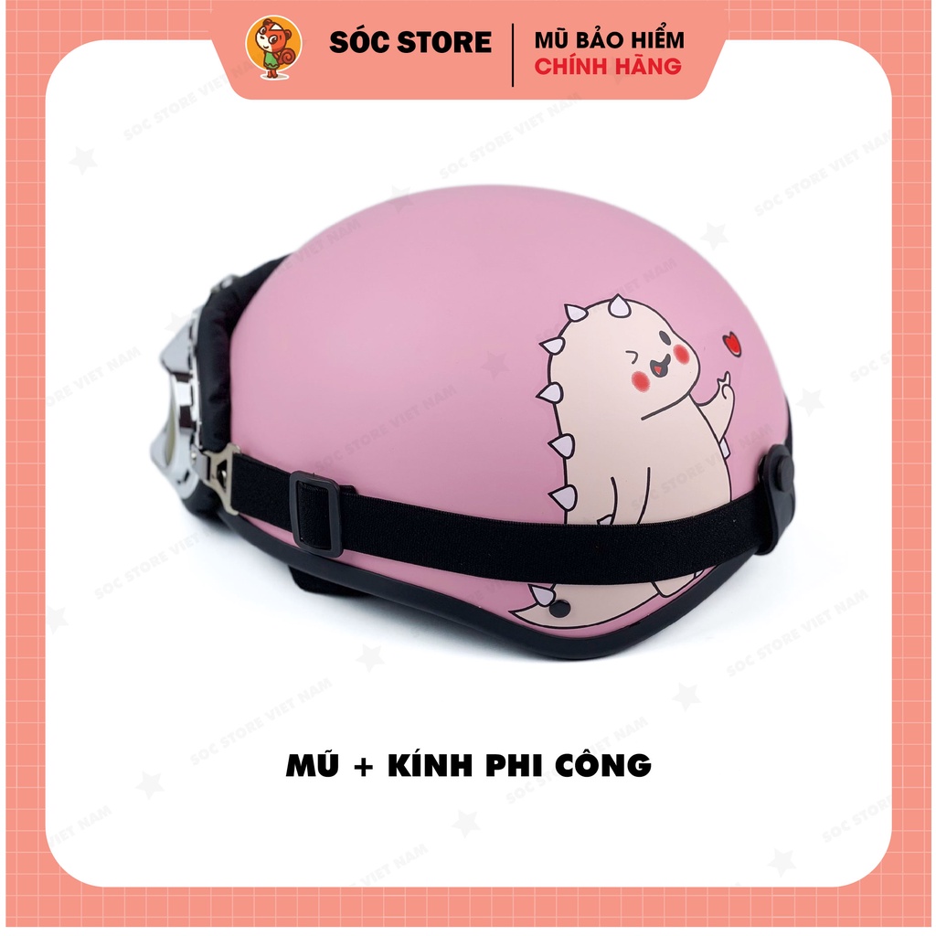 Mũ bảo hiểm nửa đầu 1/2 in hình Khủng long hồng kính phi công Sóc Store Vietnam, nón bảo hiểm 1/2 khủng long màu hồng