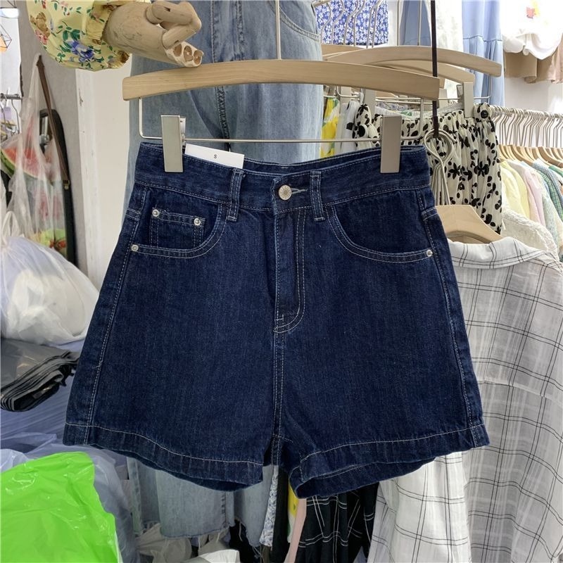 Quần Short Denim Lưng Cao Ống Rộng Màu Xanh Đậm Thời Trang Mùa Hè Mới