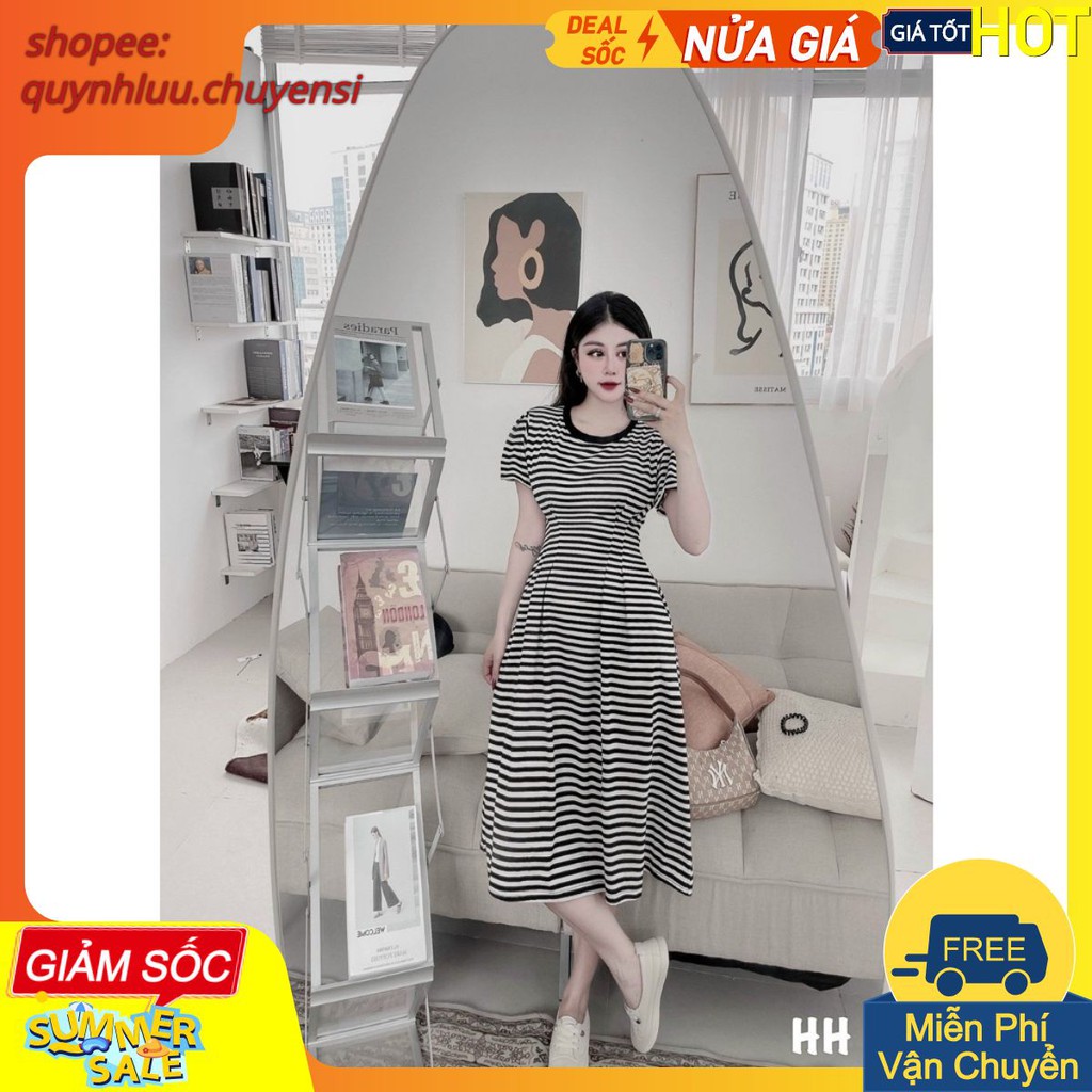 VN132 - VÁY KẺ XÒE CHIẾT EO CỔ TRÒN CHO NỮ