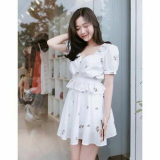 Set áo váy kate thêu hình thật