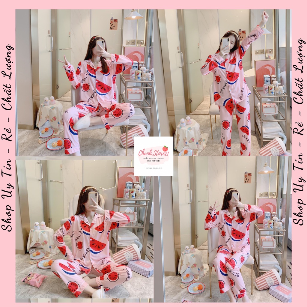 Đồ Ngủ Nữ Bộ Mặc Nhà Pijama Họa Tiết Dưa Hấu Đỏ Chất Liệu Lụa Sữa Mềm Mại Đủ Size M L XL XXL