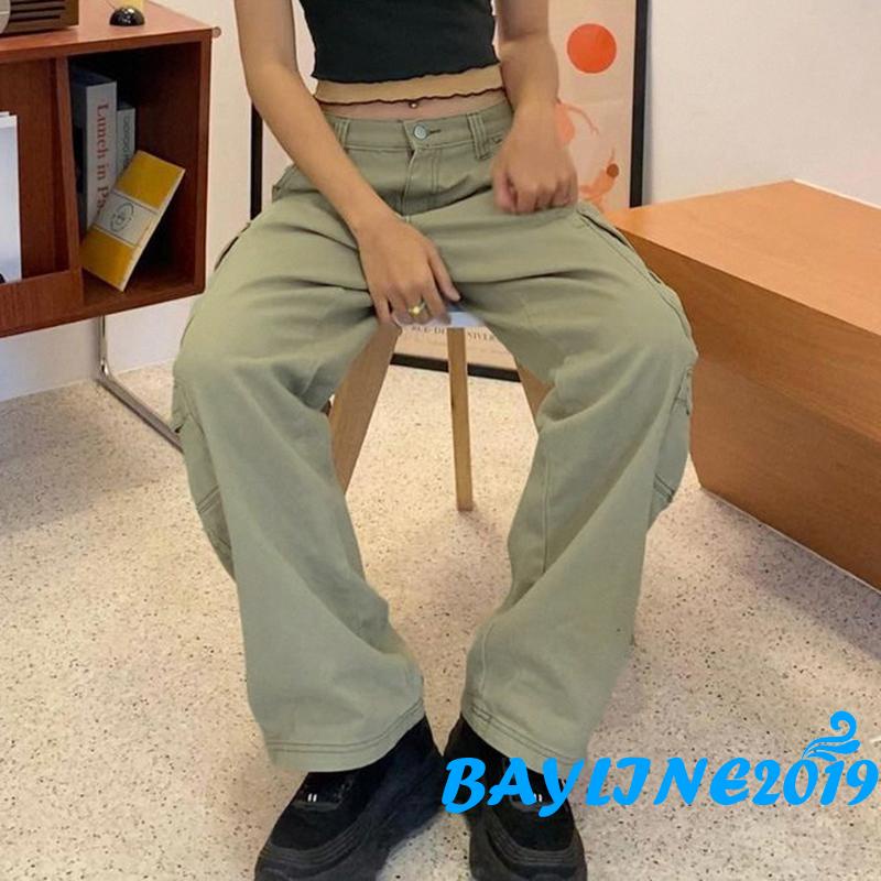 Bay-quần Jean Túi Hộp Lưng Vừa Dáng Rộng Màu Trơn Đơn Giản Với Nhiều Túi Màu Xanh Lá Cây Dành Cho Bạn Nữ