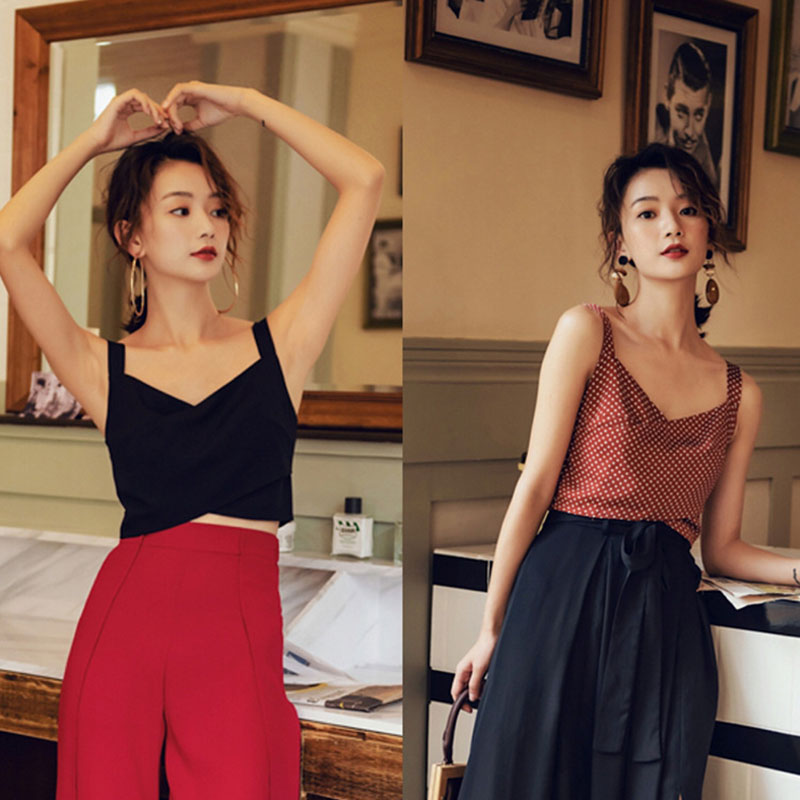 IELGY   Áo Dây Chéo Bên Trong Vải satin Họa Tiết Chấm Bi Mặc Bên Ngoài Kỳ Nghỉ