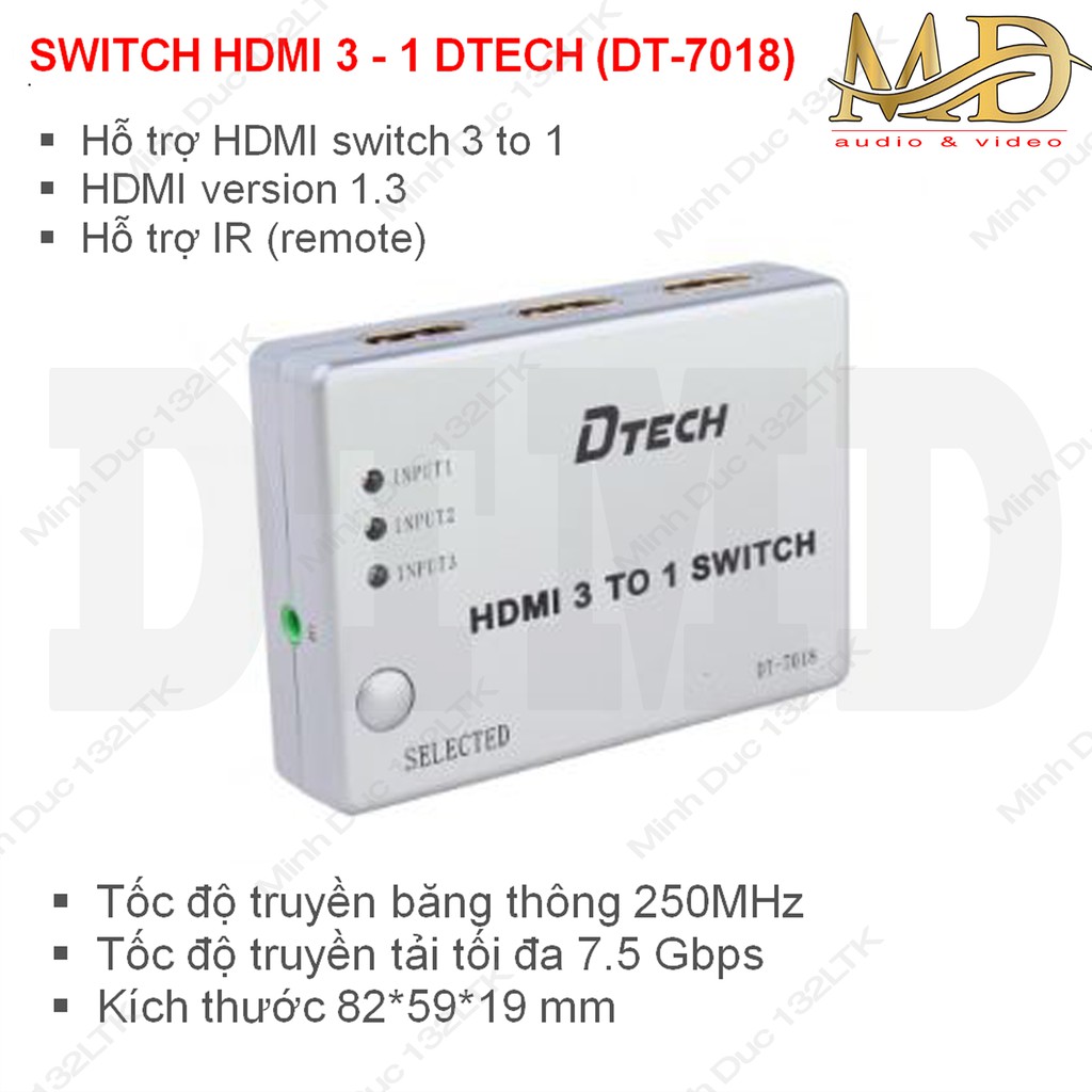 Switch HDMI - Bộ Chuyển HDMI 3 in - 1 out, SWITCH HDMI 3 - 1 DTECH (DT-7018)