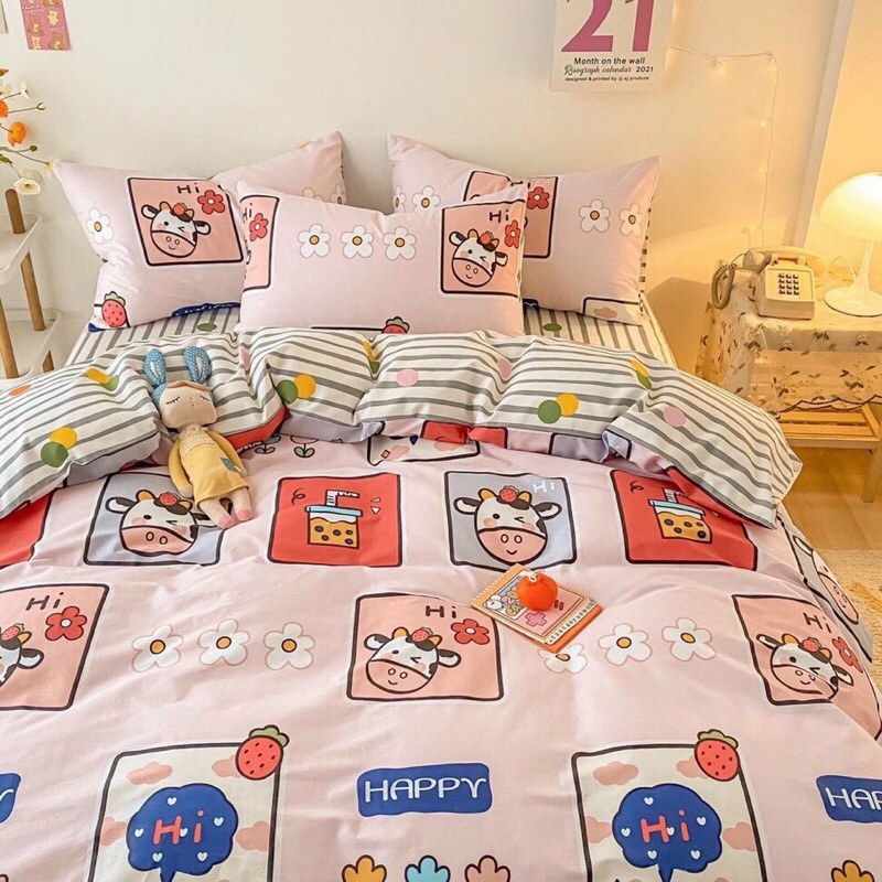 Chăn Ga Gối ❤️ cotton poly 5 món đủ size đệm họa tiết bò sữa miễn phí bo chun nhập khẩu hàn quốc Mượt Decor