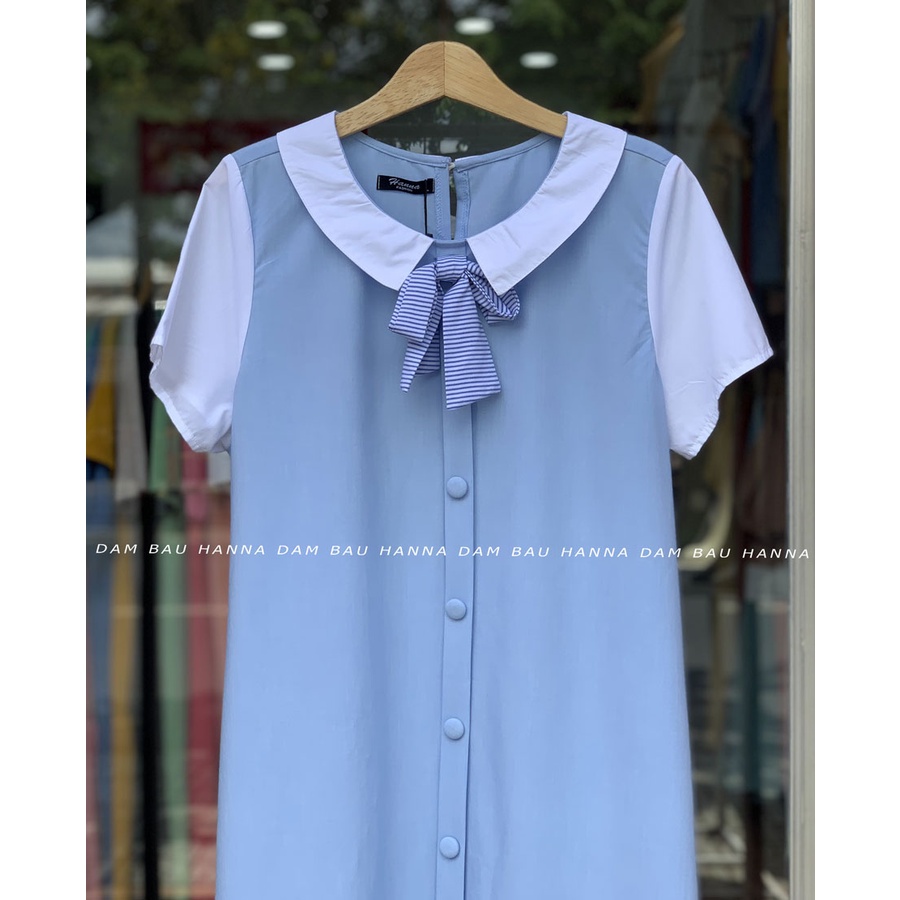 [HANNA] Đầm bầu công sở dáng suông dài qua gối lên gọn vải cao cấp thoáng mát không nhăn có size 80kg có túi bên sườn