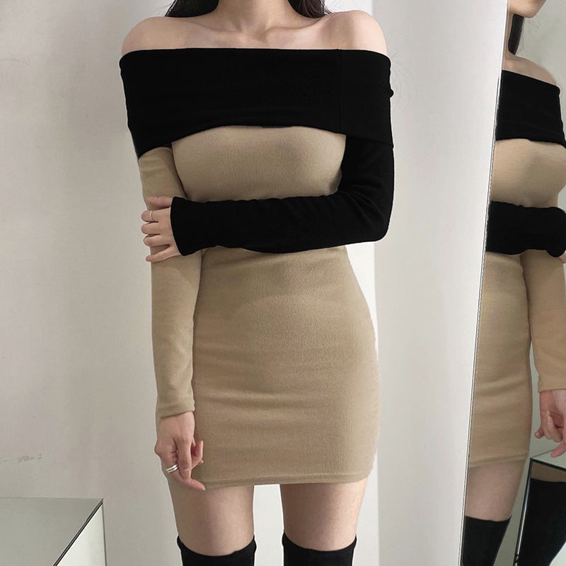 Đầm Dệt Kim Tay Dài Hở Vai Dáng Ôm Phối Màu Tương Phản Quyến Rũ Thời Trang Cho Nữ 77