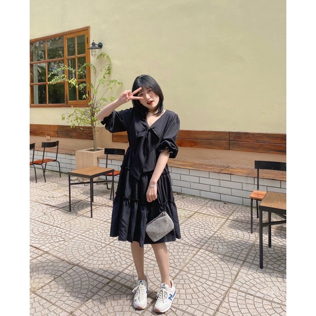 [KÈM VIDEO-ẢNH THẬT] Đầm công chúa xinh xắn 2 lớp tay phồng dáng xoè màu trắng đính nơ, Váy babydoll nữ -ShynCloset | BigBuy360 - bigbuy360.vn