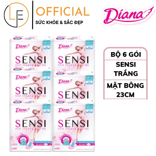 [Bộ 6 Gói] Băng Vệ Sinh Diana Sensi trắng Mặt Bông Có Cánh 23cm- 8 Miếng