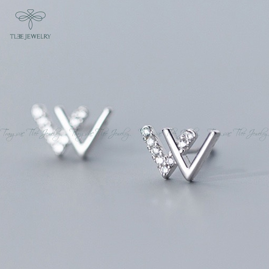 Khuyên tai bạc TLEE chữ W kép nạm đá nửa cao cấp NCJ B0176