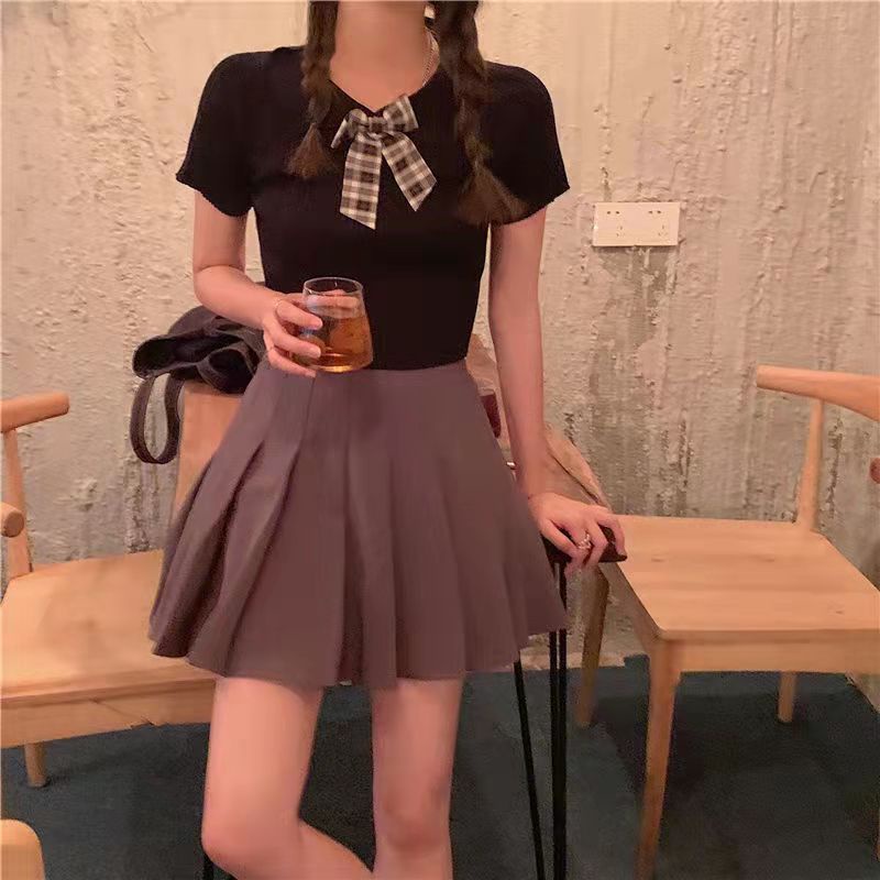 Áo thun bằng vải dệt kim tay ngắn cổ búp bê đính nơ thời trang mùa hè phong cách Hàn Quốc cho nữ VN170