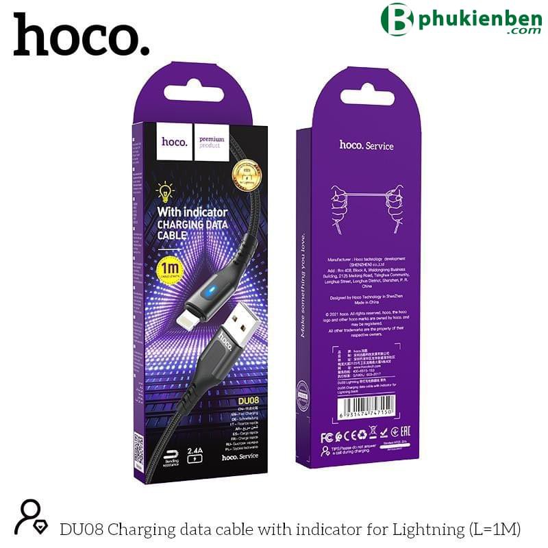 Cáp Hoco DU08/DU08 Plus Lightning USB dành cho iPhone/iPad, sạc nhanh 2.4A, dây bọc dù chống đứt ,có đèn LED, dài 1m/2m