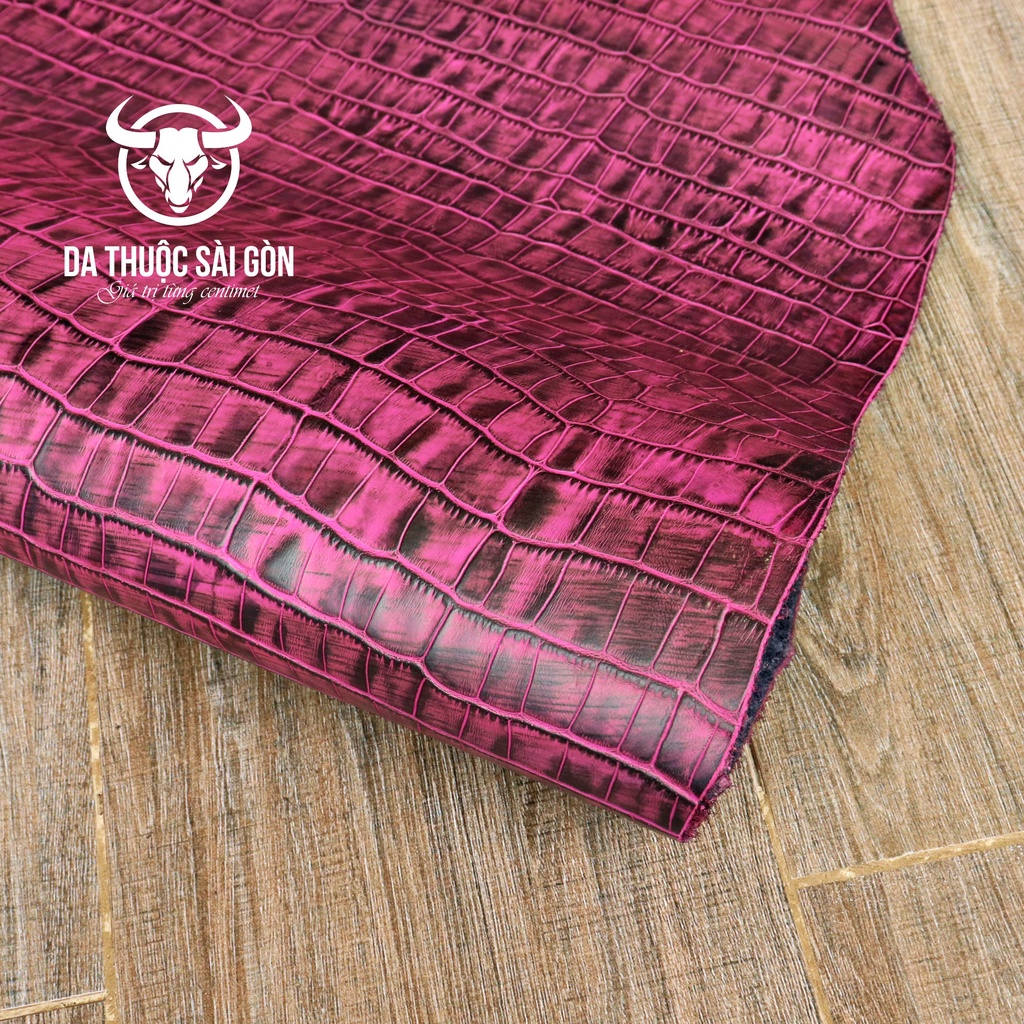 10 Pia da bò dập vân cá sấu wax phấn cao cấp màu hồng thương hiệu Da Thuộc Sài Gòn - Da bò nhập khẩu