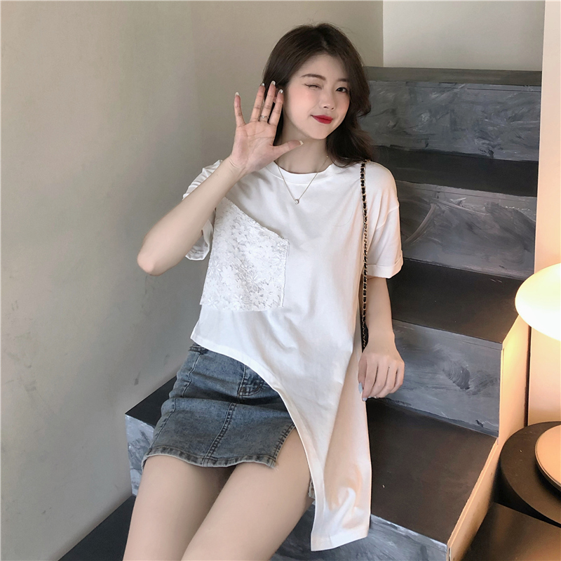 Áo thun nữ SUXI tay ngắn phối ren vạt không đối xứng phong cách Hàn Quốc