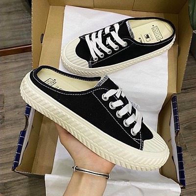 Giày sục thể thao nữ vải canvas đạp gót sục nữ đế độn màu đen trơn cao 3p form rộng LAPA - LP088