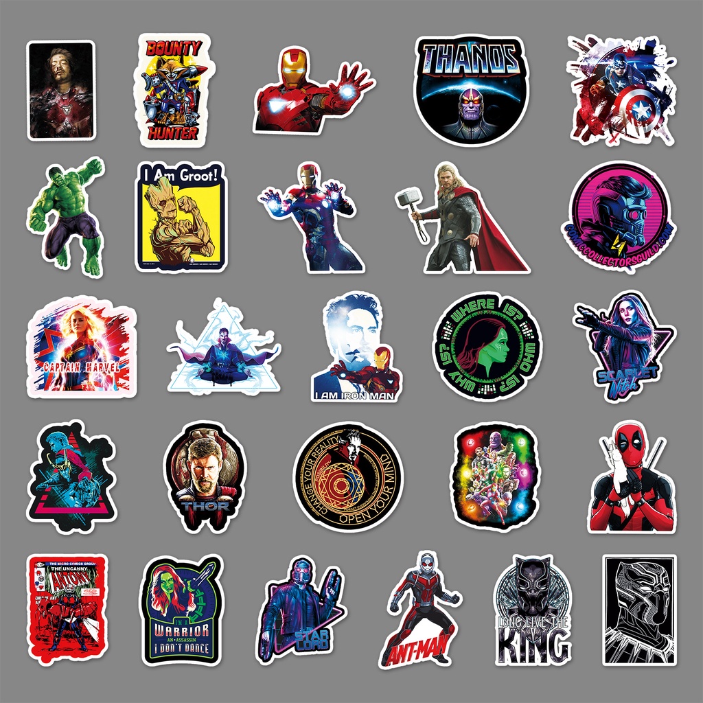 Combo 30 Sticker Chống Nước Decal Dán Điện Thoại Laptop Mũ Bảo Hiểm Vali Đàn Guitar Bình Nước Sổ Tay [Avengers Marvel]
