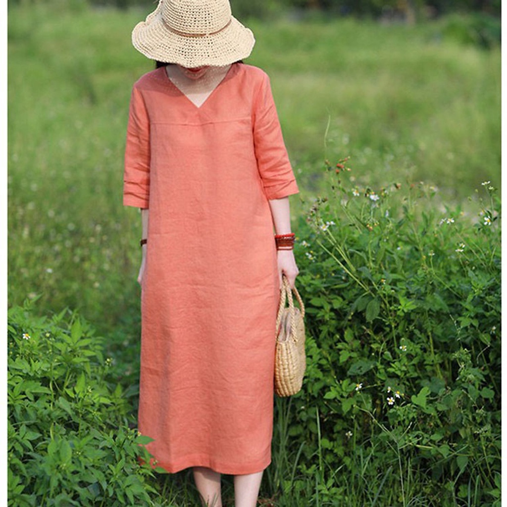 Đầm suông linen cổ tim tay lỡ