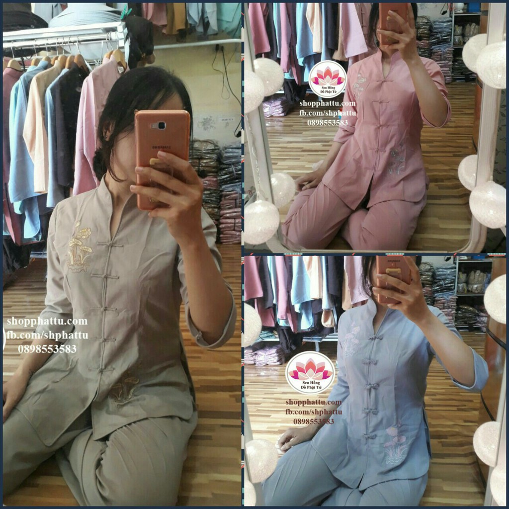 💝💝Bộ đồ lam Phật tử đi chùa cao cấp cổ tàu thêu sen loại 1 kate Nhật