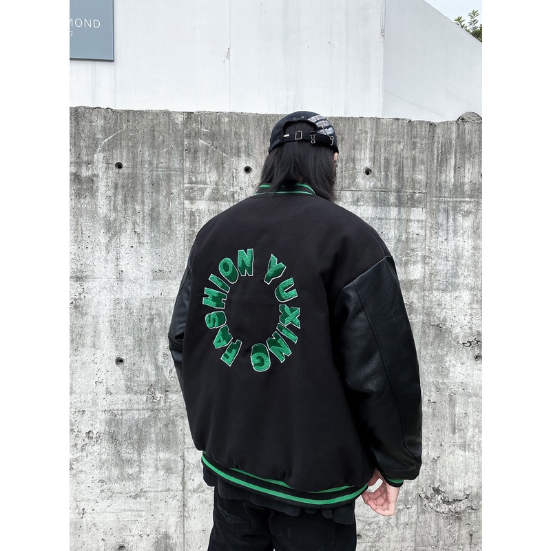Áo Khoác Bomber Varsity Jacket BOM HOUSE Nam Nữ Chất Liệu Kaki Phối Tay Da Áo 2 Lớp Logo Thêu