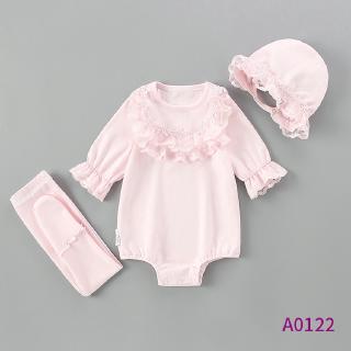 Bộ áo liền quần + quần dài + mũ màu hồng đáng yêu cho bé gái sơ sinh
