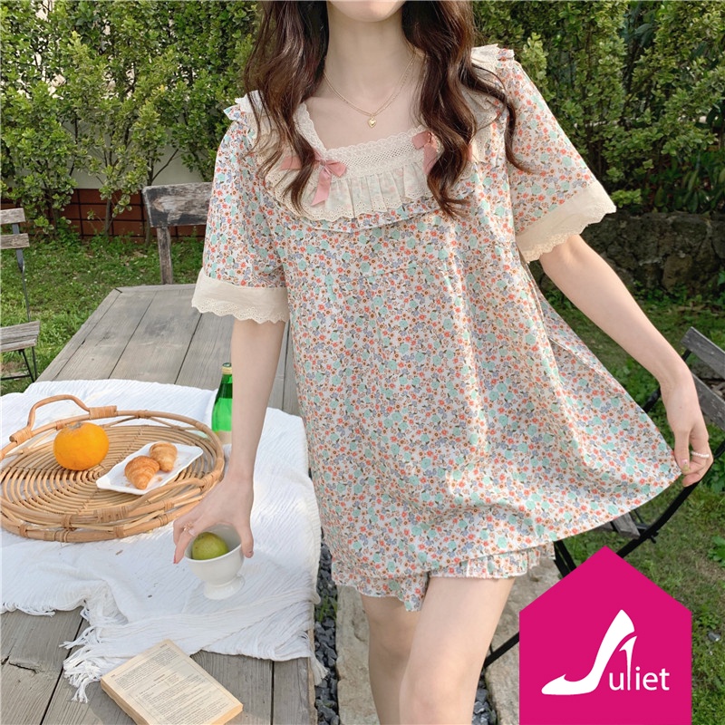 Đồ ngủ, Quần áo ngủ cộc tay mặc ở nhà, chất liệu cotton co giãn 4 chiều, họa tiết hoa nhí