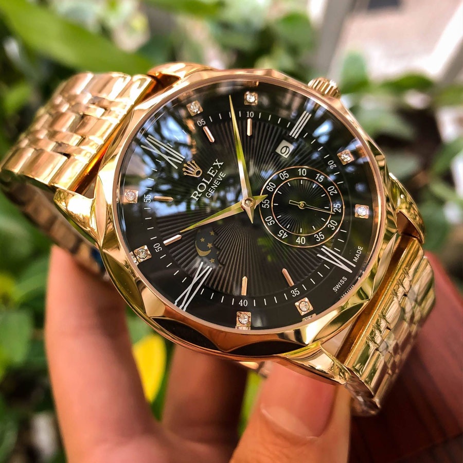 Đồng hồ Nam Rolex trăng sao cơ automatic mặt đen vỏ vàng gold dây da - dây kim loại size 40mm