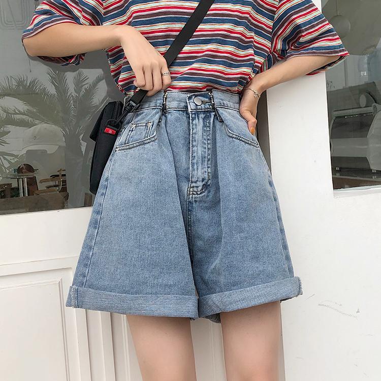 Quần Short Denim Ống Rộng Lưng Cao Thời Trang Mùa Hè Hàn Quốc Dành Cho Nữ