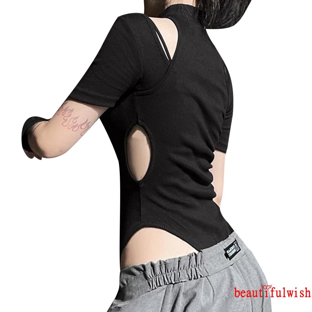 ★KI❈Women Bodysuit Outfits, Cold-shoulder Letter Label Short Sleeve Round Neck Cutout Romper + Solid Color | BigBuy360 - bigbuy360.vn