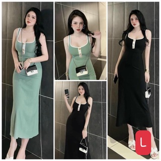 Đầm 2 dây viền màu trắng ôm body dáng dài đính 3 nút ngực chất thun gân siêu tôn dáng