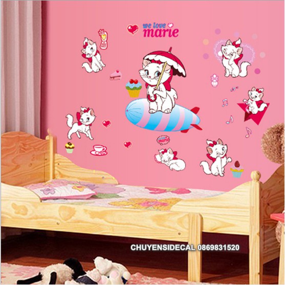 Decal dán tường - Mèo Trắng Hồng Dễ Thương