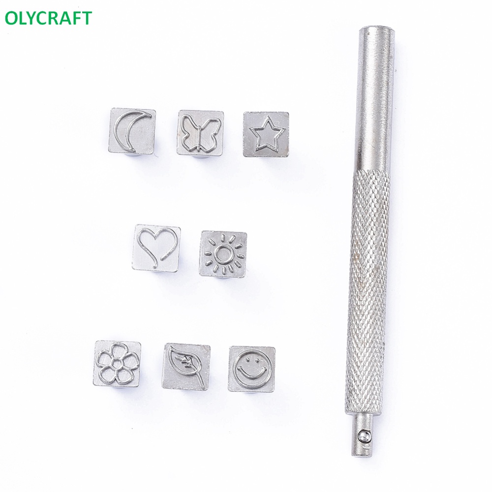 1 Bộ Dụng Cụ Dập Họa Tiết Da Thủ Công Với Thân Sắt Và Con Dấu Hợp Kim Hình Mặt Trăng / Mặt Trời / Bướm / Mặt Trời / Mặt Cười