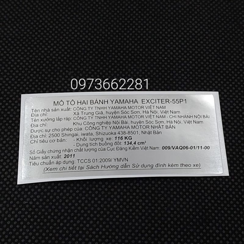 Tem thông số năm Sản xuất EXCITER 135 2011.55P1, Tem dán càng gắp