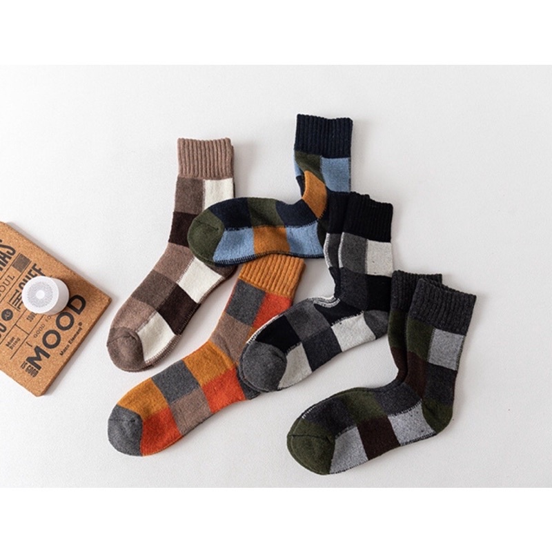 [TonaShoe] Tất Cổ Cao Sọc Caro Nam Nữ Len Dày Hợp Mùa Thu Đông